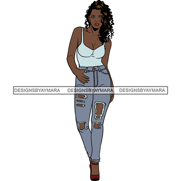 Black Woman In Jeans And Skinny Strap Tank Top Posing SVG JPG PNG Vect ...