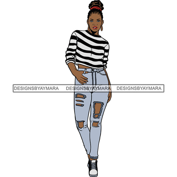 Black Woman In Black And White Stripe Top And Jeans Posing SVG JPG PNG Vector Clipart Cricut Silhouette Cut Cutting