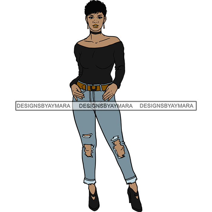 Black Woman Black Top And Jeans Posing SVG JPG PNG Vector Clipart Cric ...