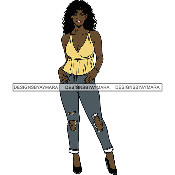 Black Woman Black Yellow Top And Jeans Heels  Posing SVG JPG PNG Vector Clipart Cricut Silhouette Cut Cutting