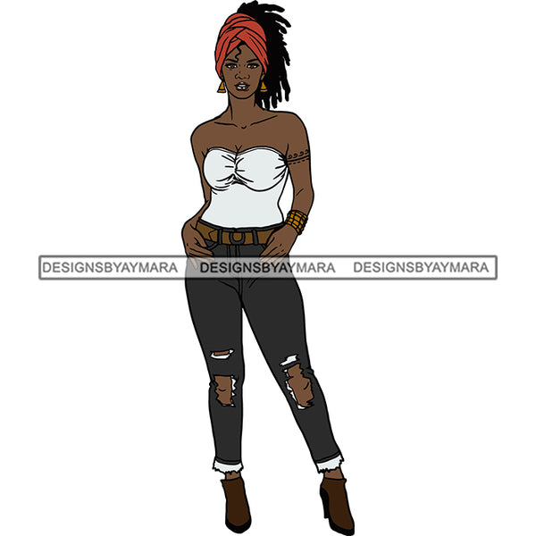 Black Woman Black White Top And Jeans Heels Headwrap Posing SVG JPG PNG Vector Clipart Cricut Silhouette Cut Cutting