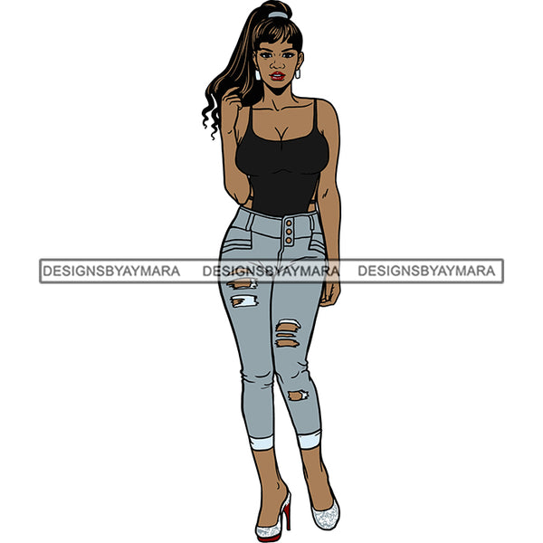 Black Woman Black Tank Top And Jeans  Posing SVG JPG PNG Vector Clipart Cricut Silhouette Cut Cutting