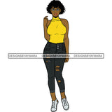 Black Woman Yellow Top And Jeans And Sneakers  Posing SVG JPG PNG Vector Clipart Cricut Silhouette Cut Cutting