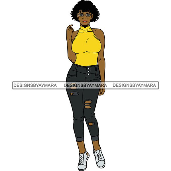 Black Woman Yellow Top And Jeans And Sneakers  Posing SVG JPG PNG Vector Clipart Cricut Silhouette Cut Cutting