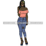 Black Woman Off The Shoulder Top And Blue Jeans Posing SVG JPG PNG Vector Clipart Cricut Silhouette Cut Cutting
