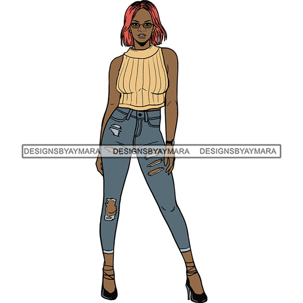 Black Woman Pink Hair  Top And Jeans And Heels  Posing SVG JPG PNG Vector Clipart Cricut Silhouette Cut Cutting