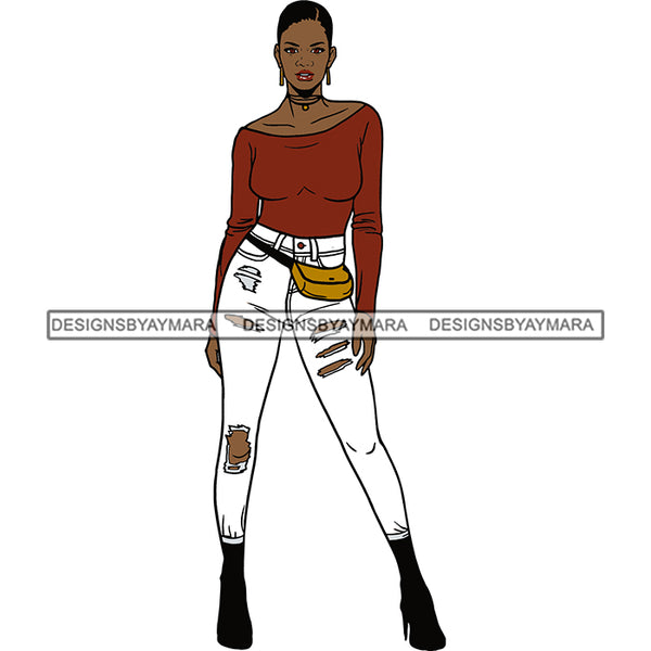 Black Woman Off The Shoulder Top And White Jeans Posing SVG JPG PNG Vector Clipart Cricut Silhouette Cut Cutting
