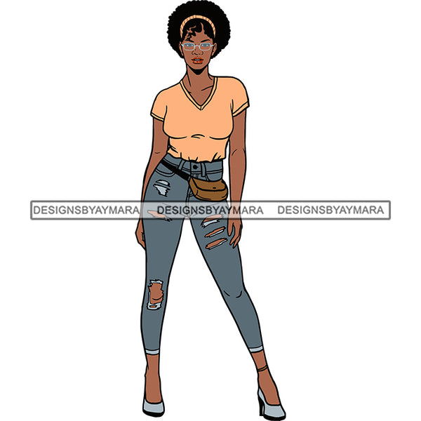 Black Woman Afro V Neck Top And  Jeans Posing SVG JPG PNG Vector Clipart Cricut Silhouette Cut Cutting