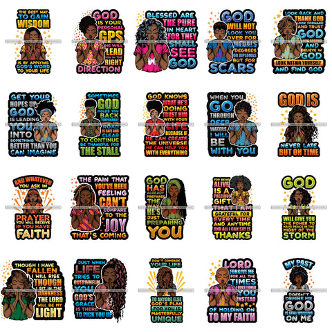 Bundle 20 Afro Lola Woman Praying God Lord Prayers Pray Quotes Believe Church .SVG PNG JPG Clipart Vector Cutting Files