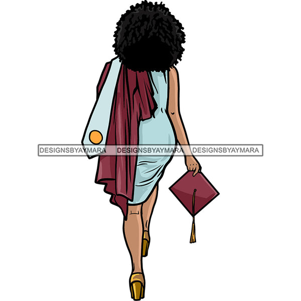 Graduation Woman Afro Hair Achievement Hard Work Diploma Success Robe Cap Certificate College SVG PNG JPG Cutting Files
