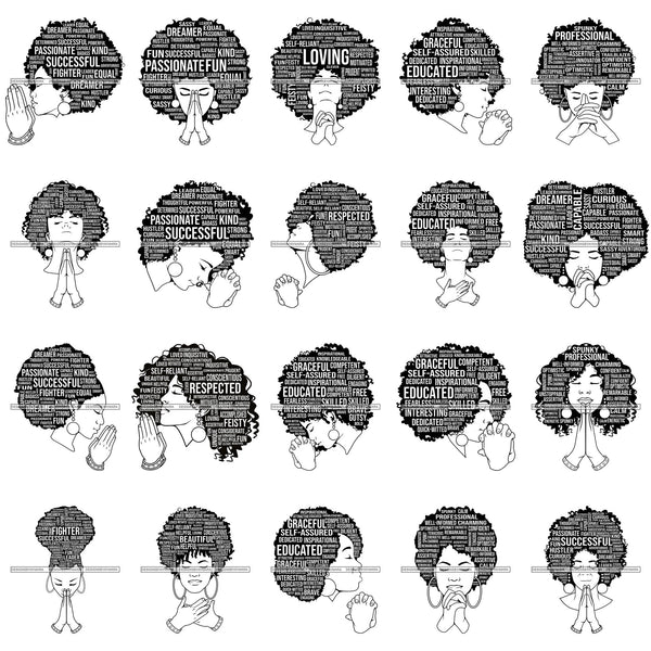 Bundle 20 Afro Strong Woman Praying Independent Proud Roots Hair Life Quotes SVG Cutting Files