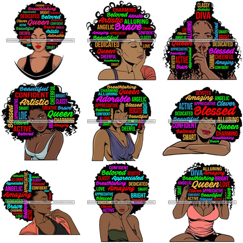 Bundle 9 Afro Pretty Woman Hair Quotes Words Letters Lady Female Qualities SVG Files For Cutting and More!