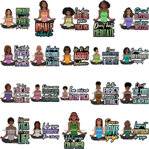 Bundle 20 Afro Lola Doing Yoga Inhale Exhale Meditating Relax Meditate .SVG Cutting Files For Silhouette Cricut and More!