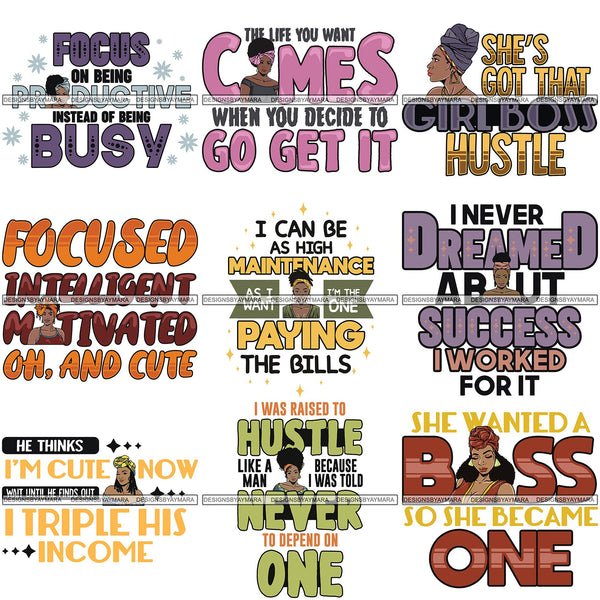 Bundle 9 Boss Lady Afro Melanin Successful Black Woman Quotes SVG Cutting Files For Silhouette Cricut and More