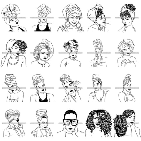 Bundle 20 Afro Lady Black Goddess Melanin Turban Head-wrap Dark Latina Morena SVG Files For Cutting and More!