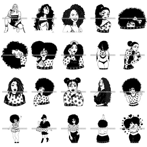 Bundle 20 Afro Woman Kinky Hairstyle African American Beautiful Black Woman SVG Files For Cutting and More.