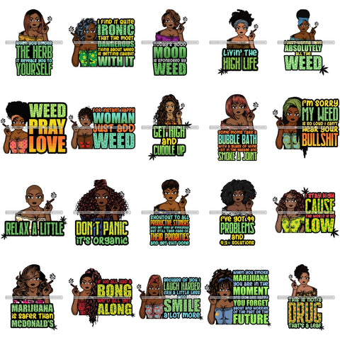 Bundle 20 Afro Lola Smoking Pot Quotes Weed Joint Blunt Cannabis Marijuana SVG Cutting Files