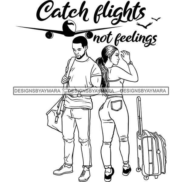 Couple Adventure Getaway Friends Airplane Vacation Trip Journey Illustration B/W SVG JPG PNG Vector Clipart Cricut Silhouette Cut Cutting