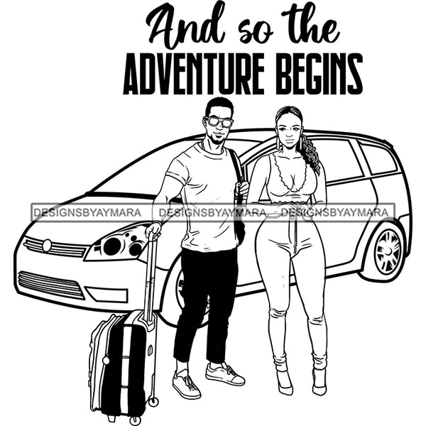 Couple Adventure Getaway Friends Travelling Together Road Trip Illustration B/W SVG JPG PNG Vector Clipart Cricut Silhouette Cut Cutting