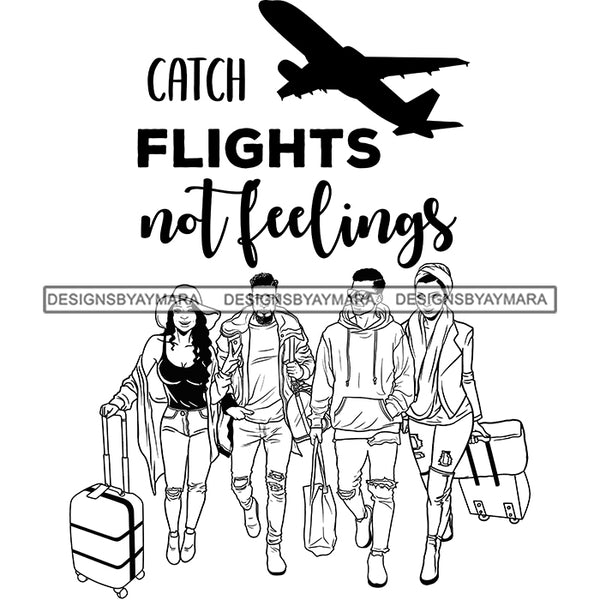 Couples Vacation Getaway Friends Airplane Airport Luggage Illustration B/W SVG JPG PNG Vector Clipart Cricut Silhouette Cut Cutting