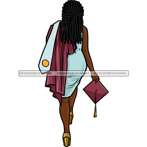 Afro Black Woman Wearing Graduation Gown Holding Cap Back View Dreadlocks Hairstyle SVG JPG PNG Cutting Files For Silhouette Cricut More