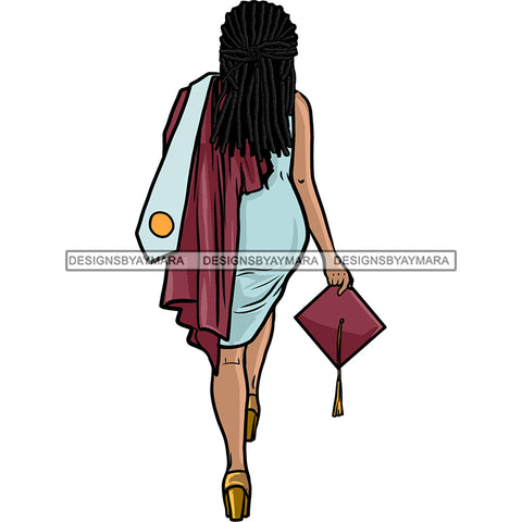 Afro  Woman Graduate Wearing Graduation Gown Holding Cap Back View Dreadlocks Hairstyle SVG JPG PNG Cutting Files For Silhouette Cricut More