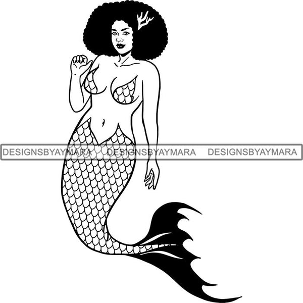 Afro Black Woman Mermaid Aquatic Creature  SVG Cutting File For Silhouette and Cricut