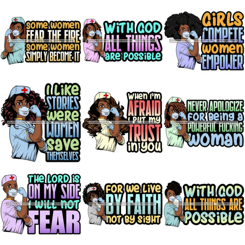 Bundle 9 Afro Lola Nurse Doctor Save Life Hero Quotes Wearing Mask Protection Flexing Strong Medical Occupation SVG Cutting Files