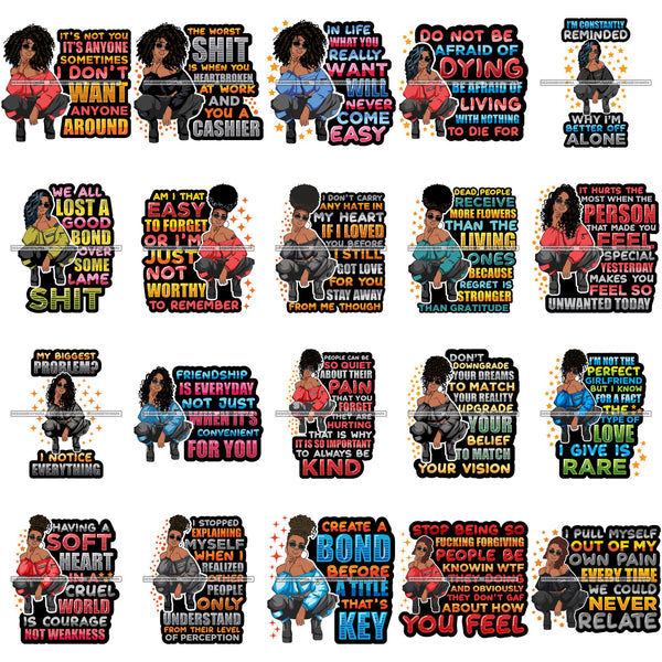 Bundle 20 Afro Lola Squatting Bad Ass Life Quotes Confident Lady .SVG Clipart Vector Cutting Files