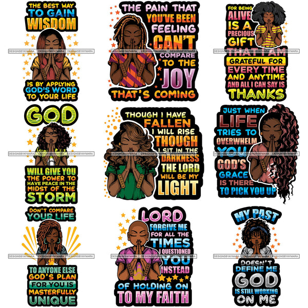 Bundle 9 Afro Lola Woman Praying God Lord Prayers Pray Quotes Believe Church .SVG PNG JPG Clipart Vector Cutting Files