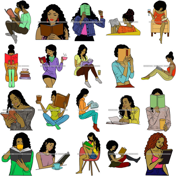 Bundle 20 Woman Reading A Book Education Smart Classy Lady Drinking Coffee Wine .SVG Cutting Files For Silhouette Cricut and More!
