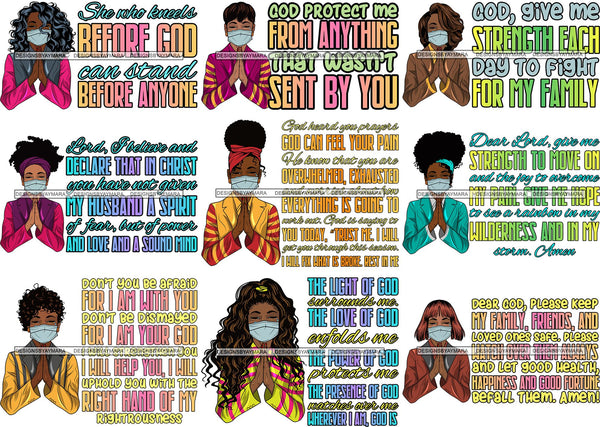 Bundle 9 Afro Lola Praying God For Strength Protection Quotes Sad Crying Pain Face Mask Begging Prayers Virus SVG Vector Clipart Cutting Files