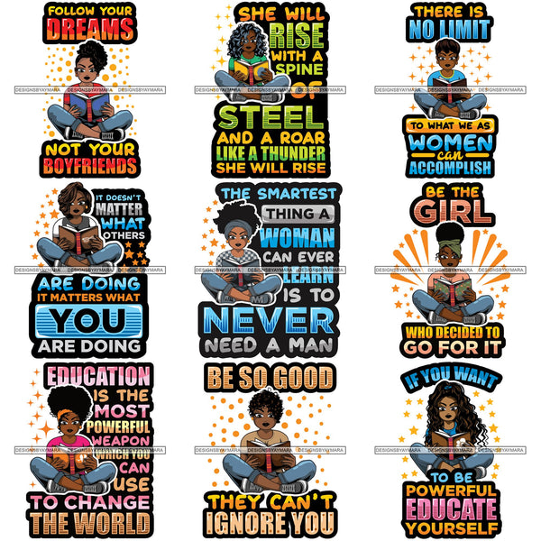Bundle 9 Afro Lola Reading Education Smart Woman Quotes .SVG Cutting Files For Silhouette Cricut and More!