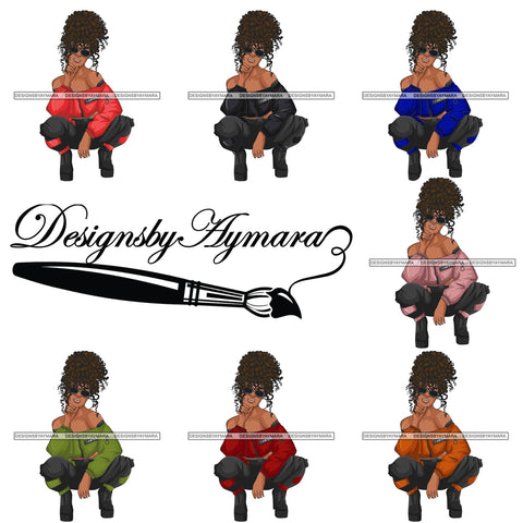 Bundle 7 Afro Woman Fashion Girl Squatting Position SVG Cutting Files For Silhouette Cricut and More!