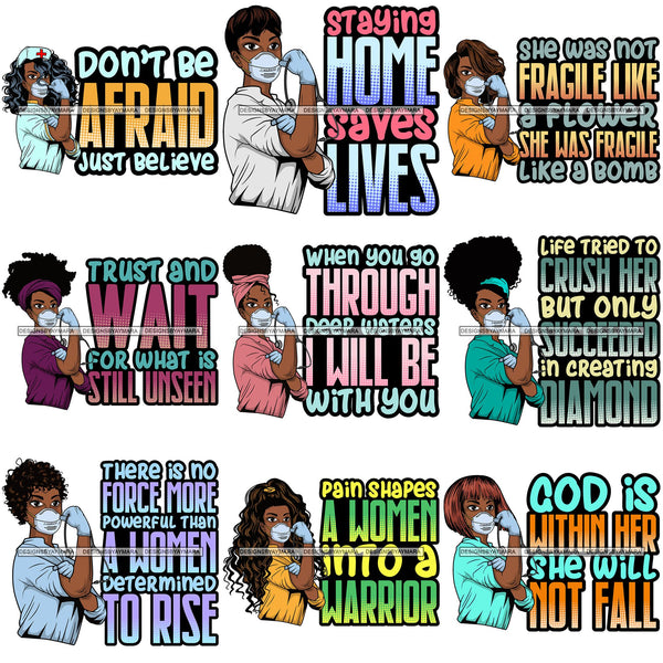 Bundle 9 Afro Lola Nurse Doctor Save Life Hero Quotes Wearing Mask Protection Flexing Strong Medical Occupation SVG Cutting Files