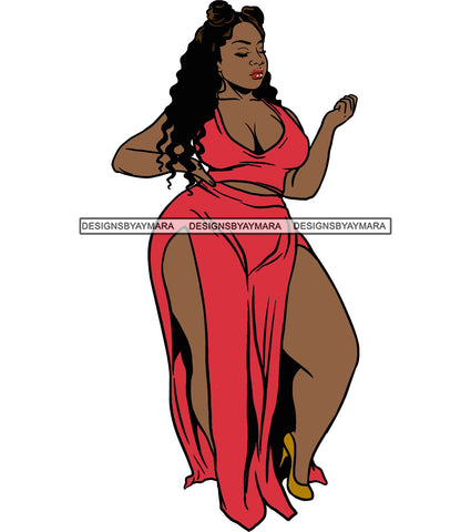 Beautiful Plus Size Woman Curly Long Hair Style Vector Wearing Red Color Dress Design Element White Background High Hill Sexy Woman Black Color SVG JPG PNG Vector Clipart Cricut Cutting Files