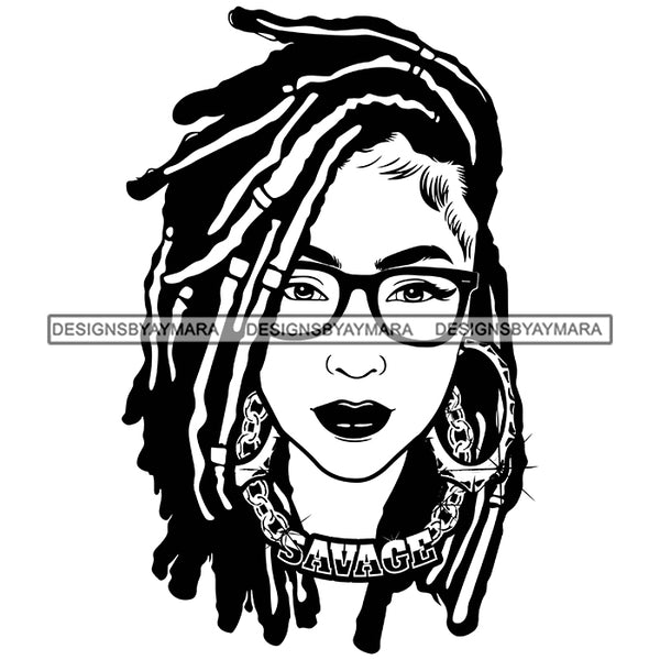 Afro Attractive Cute Urban Girl Savage Gold Chain Glasses Hoop Earrings Dreadlocks Hairstyle B/W SVG Cutting Files Silhouette Cricut