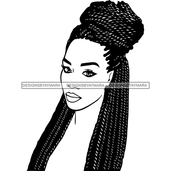 Afro Attractive Urban Girl Melanin Nubian Long Dreadlocks Bun Hairstyle B/W SVG Cutting Files Silhouette Cricut