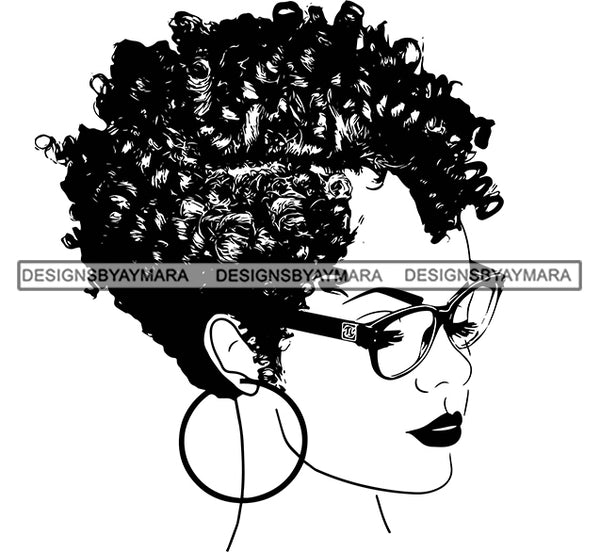 Afro Woman Short Curly Hairstyle Nubian Melanin Glasses African Female Lady Wearing Sunglasses Black And White BW Design Element Artwork SVG JPG PNG Vector Clipart Cricut Cutting Files