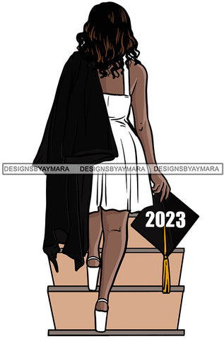 Graduation 2023 Melanin Woman Going Up Stairs School Ceremony Gown Cap Diploma Collage Student Achievement SVG PNG JPG Cricut Print Sublimation Designs